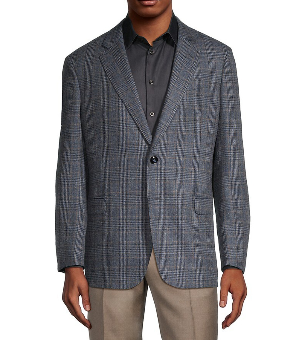 GIORGIO ARMANI Mens Sport Coat IT 50R US 40R Navy Blue Brown Plaid Wool FLAW